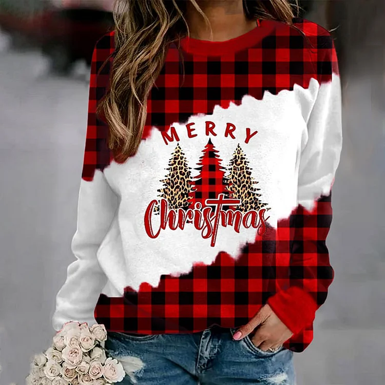 Wearshes Check Panel Christmas Print Crew Neck Casual Sweatshirt