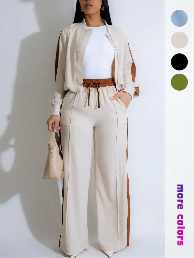 Two-piece Set Women's Patchwork Top & Wide Leg Pants Set, Casual Long Sleeve Outerwear & Pants for Daily Wear, Ladies Summer Clothes