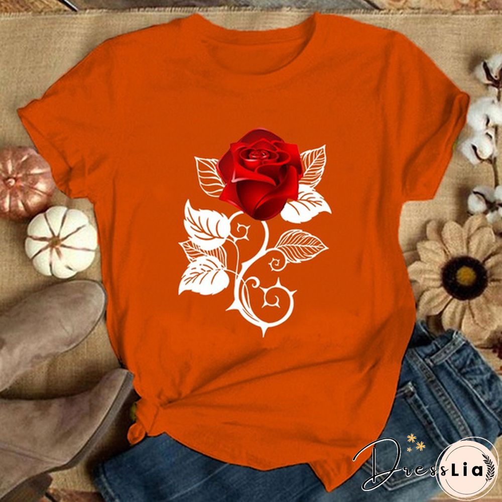 Girls and Women's Fashion Red Rose Printed T-Shirt Cute Graphic Tee Shirt Ladies Summer T-shirts Casual Plus Size Tops Flower T Shirts