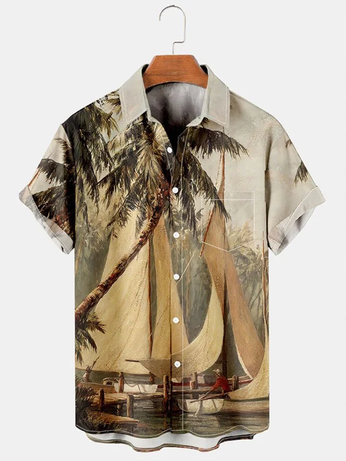 Mens Hawaiian Leaves Print Lapel Loose Chest Pockets Short Sleeve Shirts