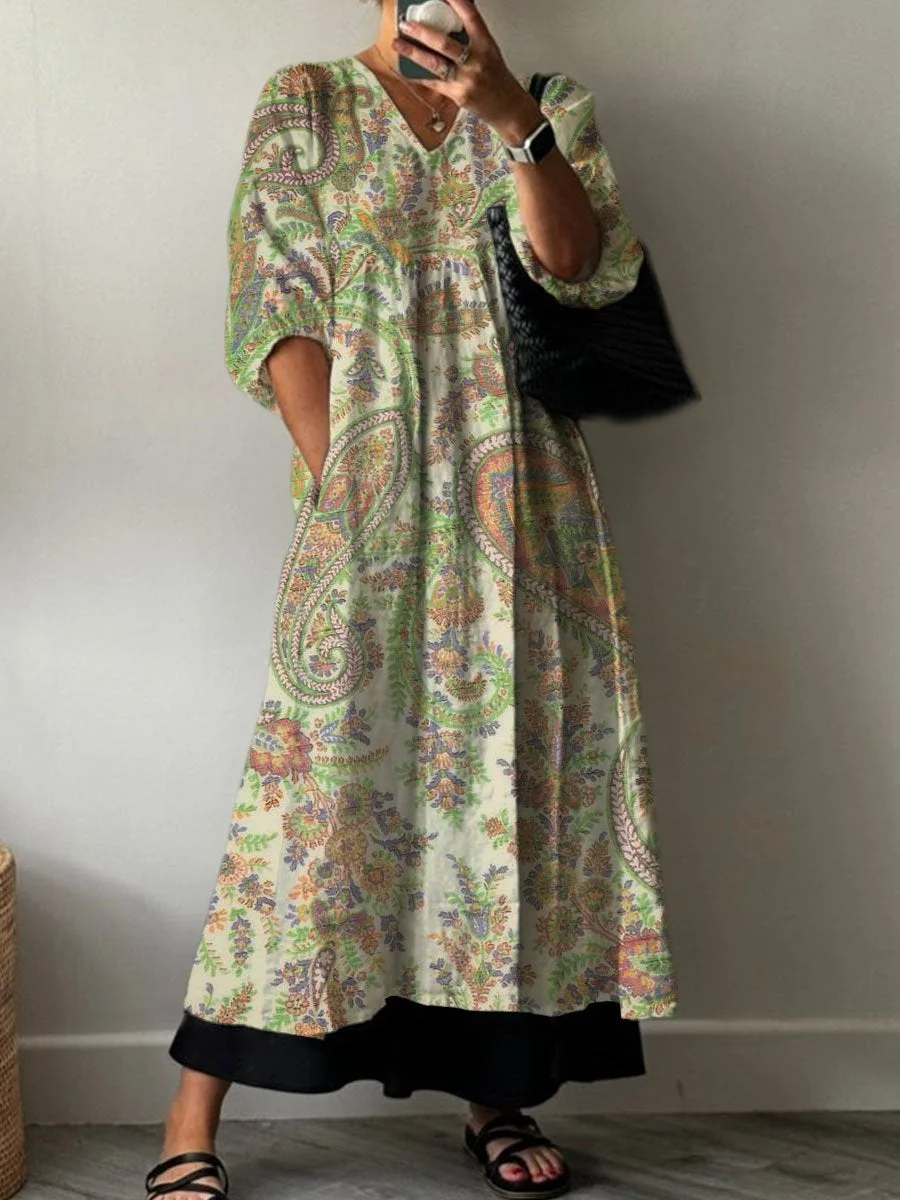 Women's  Boho Vintage Floral Print Pocket V-neck Cotton Dress