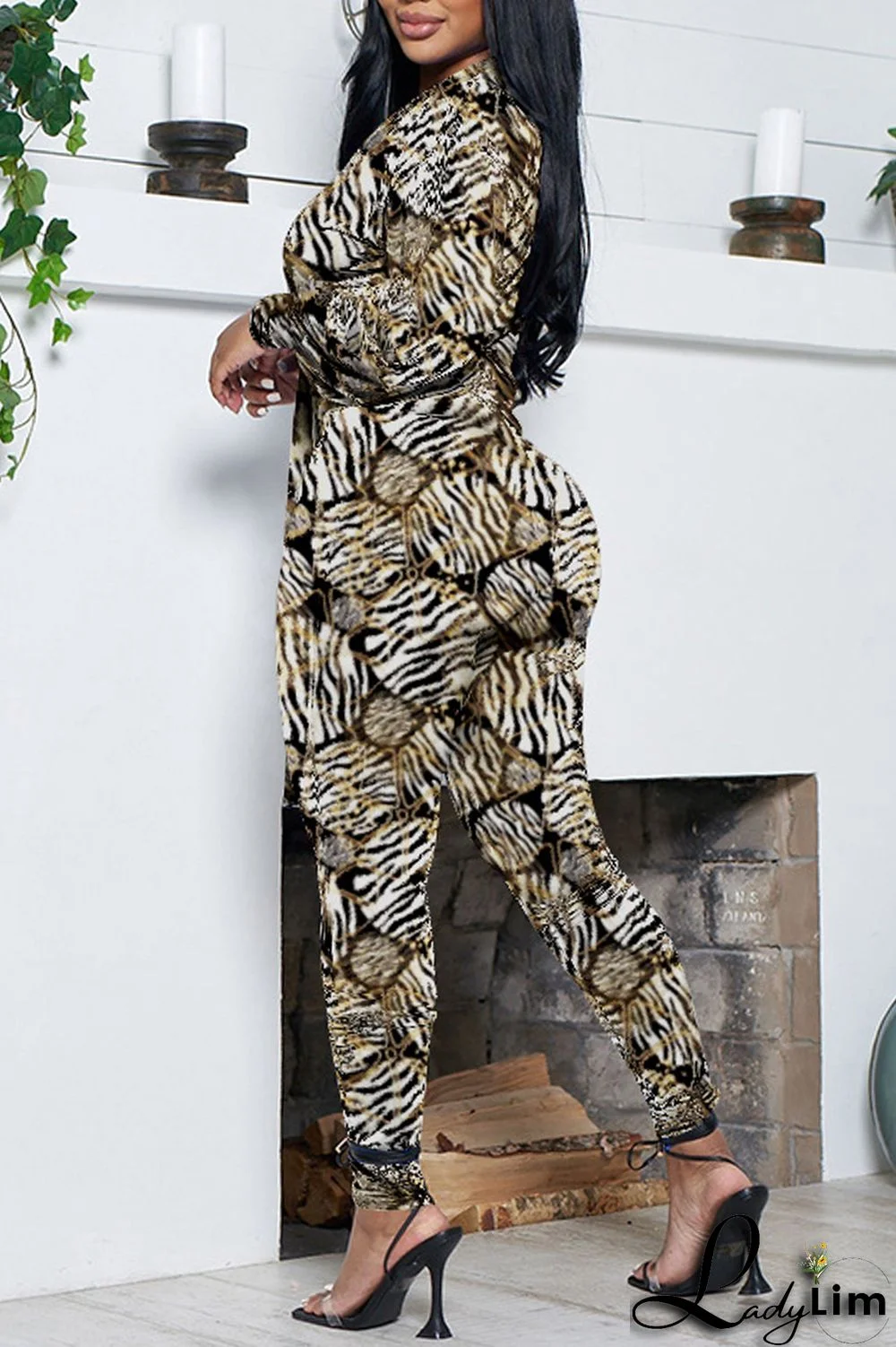 Green Casual Print Frenulum V Neck Long Sleeve Two Pieces