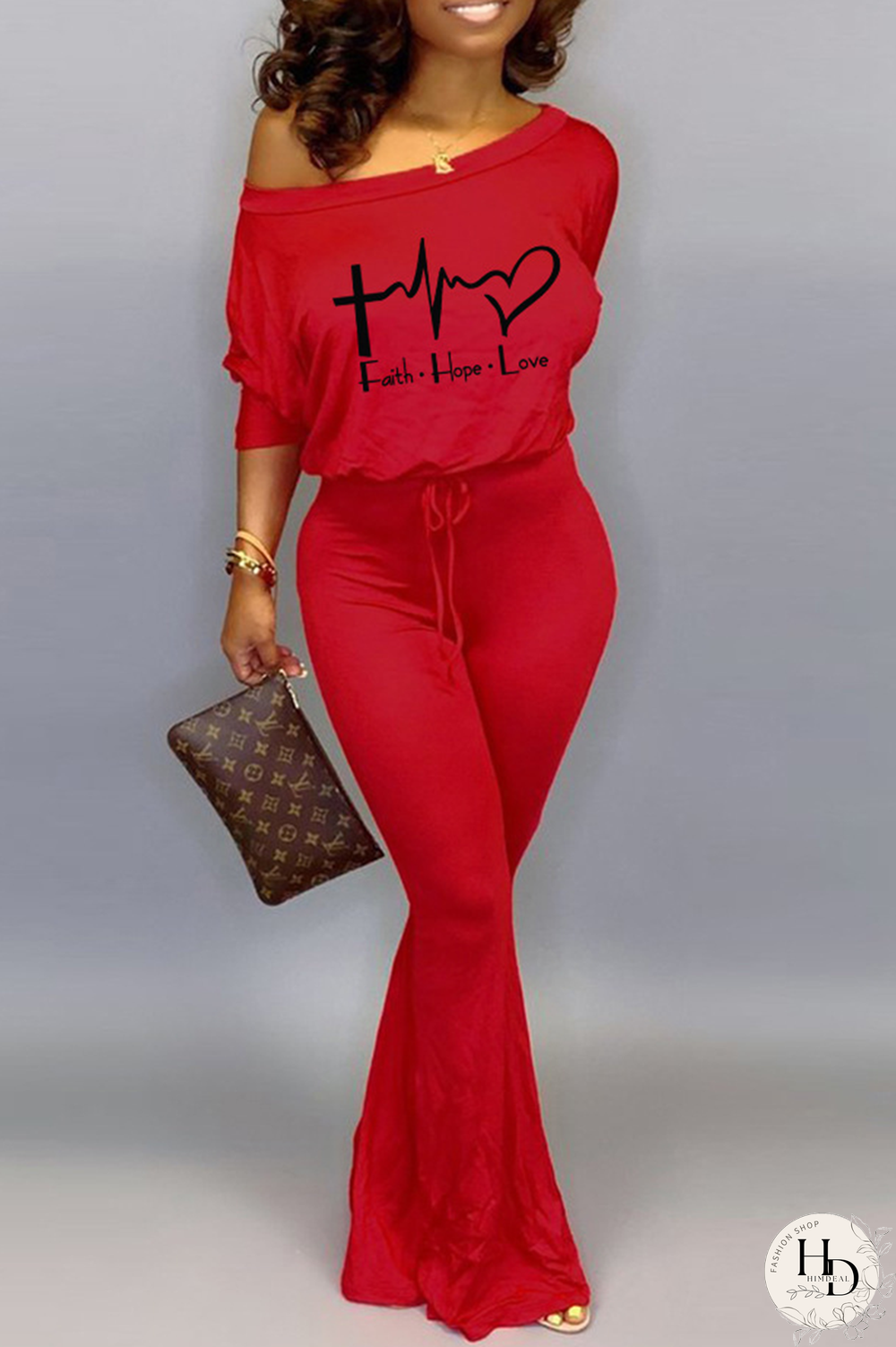 Red Casual Print Letter One Shoulder Boot Cut Jumpsuits