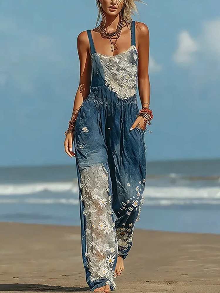 Women's Retro Boho Ethnic Daisy Lace Floral Patchwork Casual Denim Jumpsuit