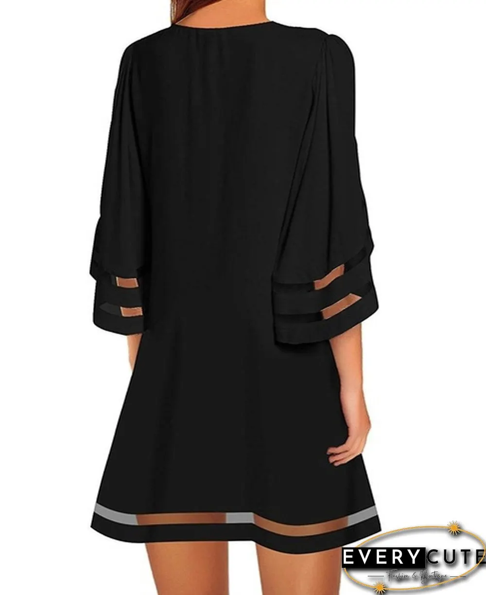 New summer womens short sleeve Round-neck flared casual dress solid color patchwork