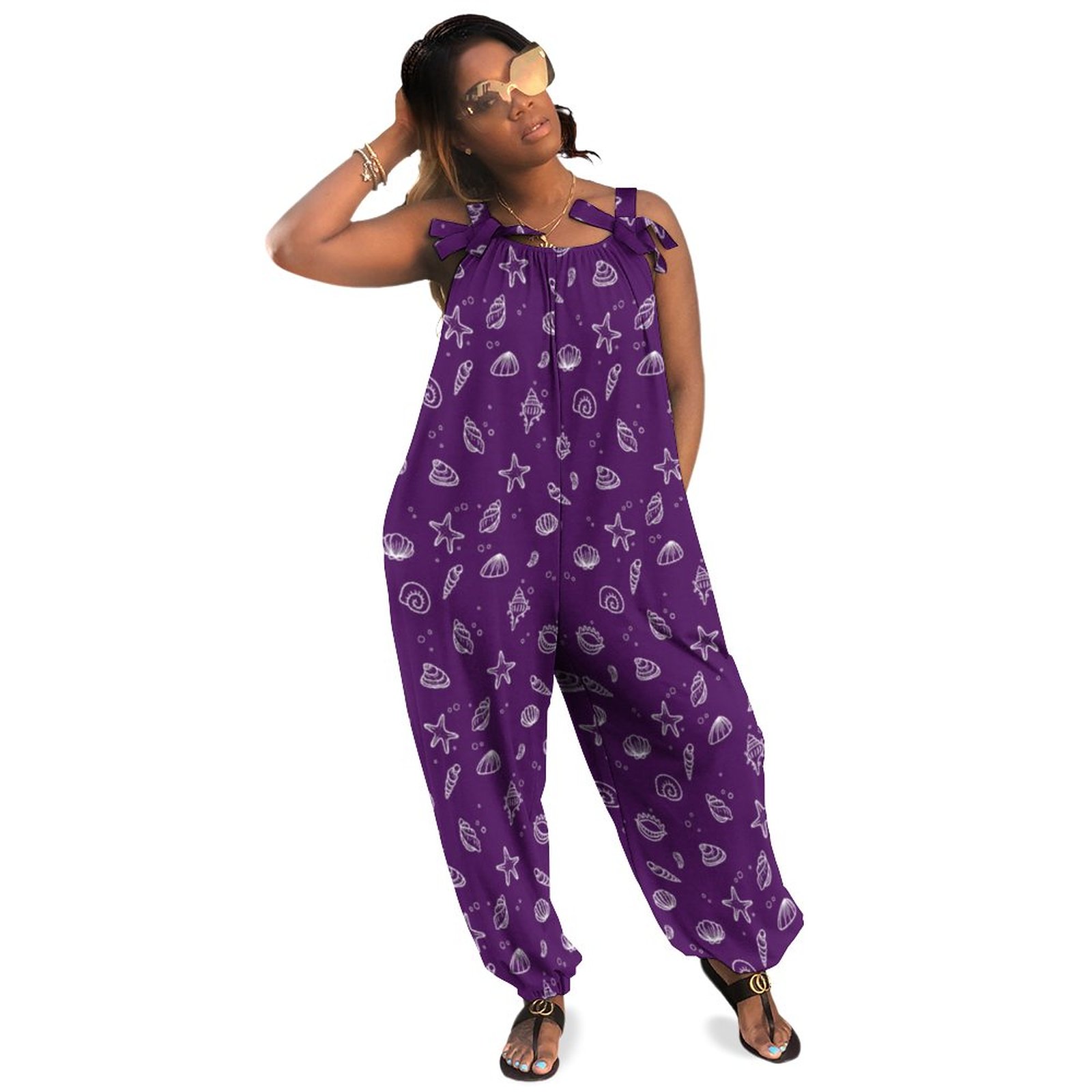 Dark Purple Seashell Women Plus Size Jumpsuit Summer Loose Harem Pants Casual Ankara Jumpsuit For Ladies Long Length Polyester Spandex