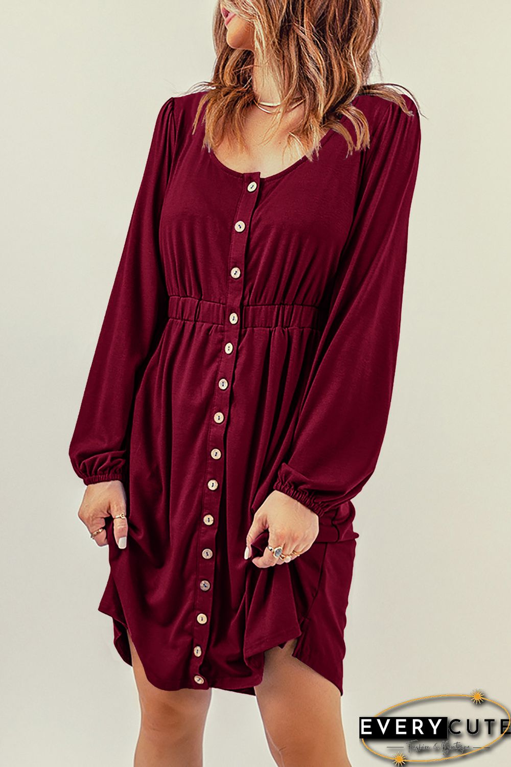 Wine Button Up High Waist Long Sleeve Dress