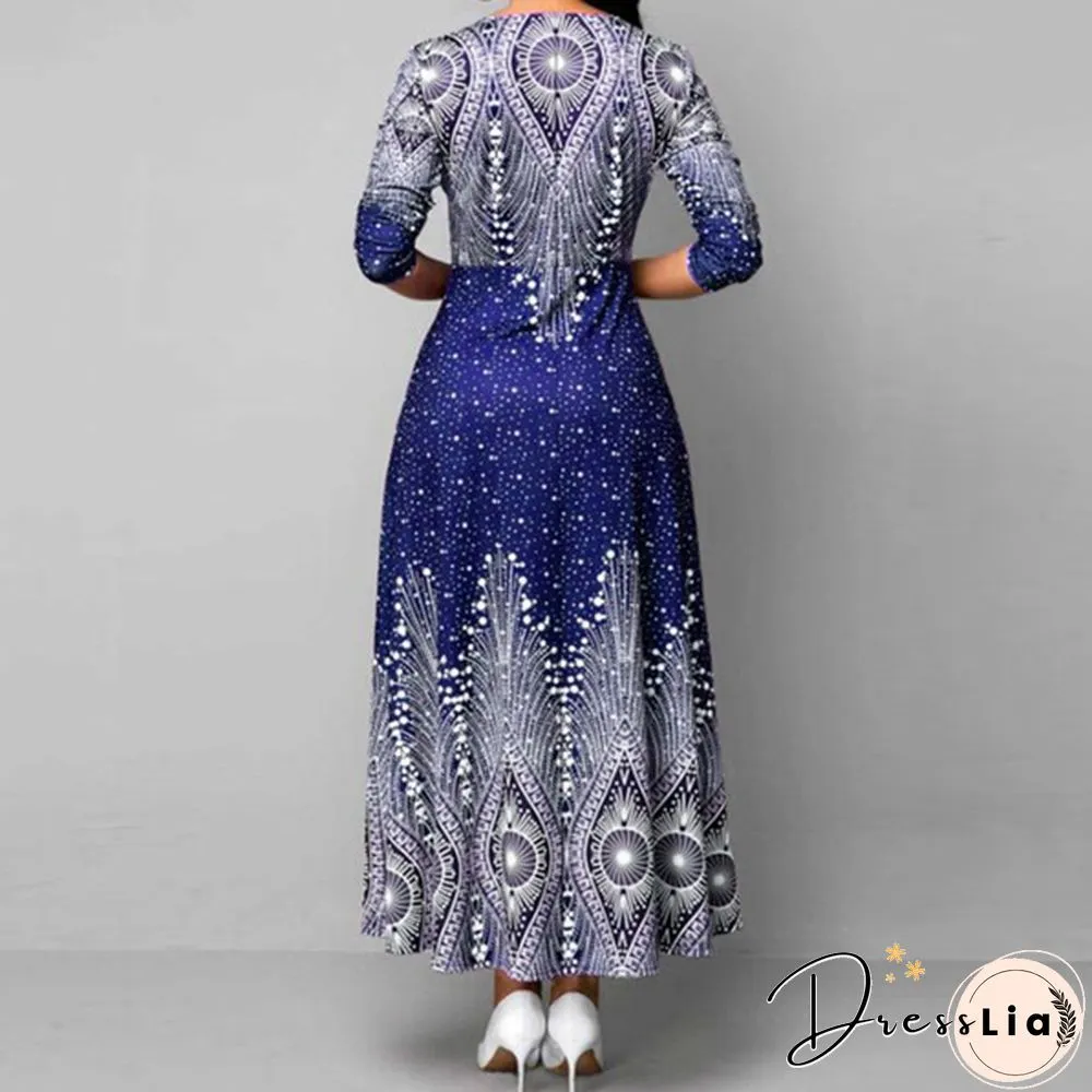V-neck Retro Print Long-sleeved Dress Spring and Autumn Women's Clothing