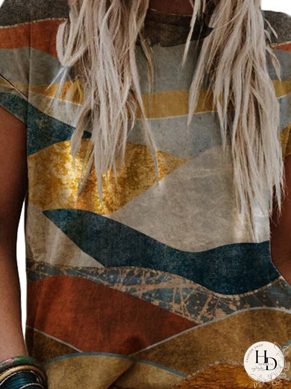 Casual Mountain Print Short Sleeve Loose Top T-shirt
