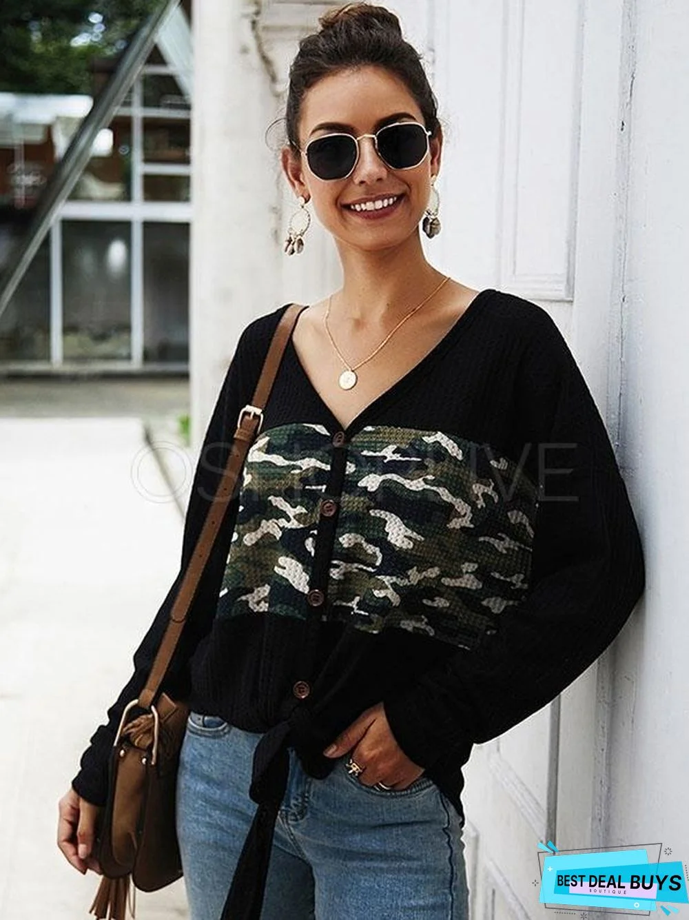 Camouflage Stitching V-Neck Knit Sweater