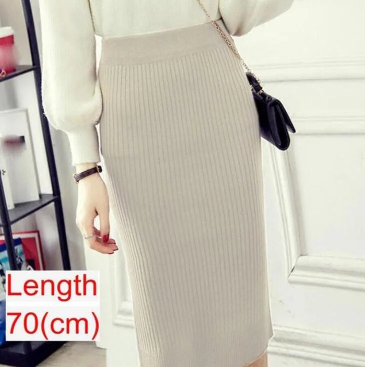 Women Knitted Pencil Skirts Slim Solid Basic Ladies Office High Waist Elegant Midi Skirt 2020 Autumn Winter Warm Womens Skirts