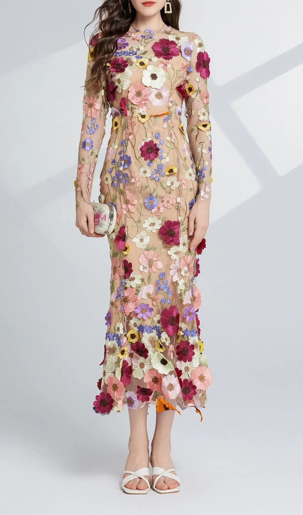 Flowering Girl Women Carol Floral Embroidery Mesh Fishtail Long Sleeve Midi Dress 