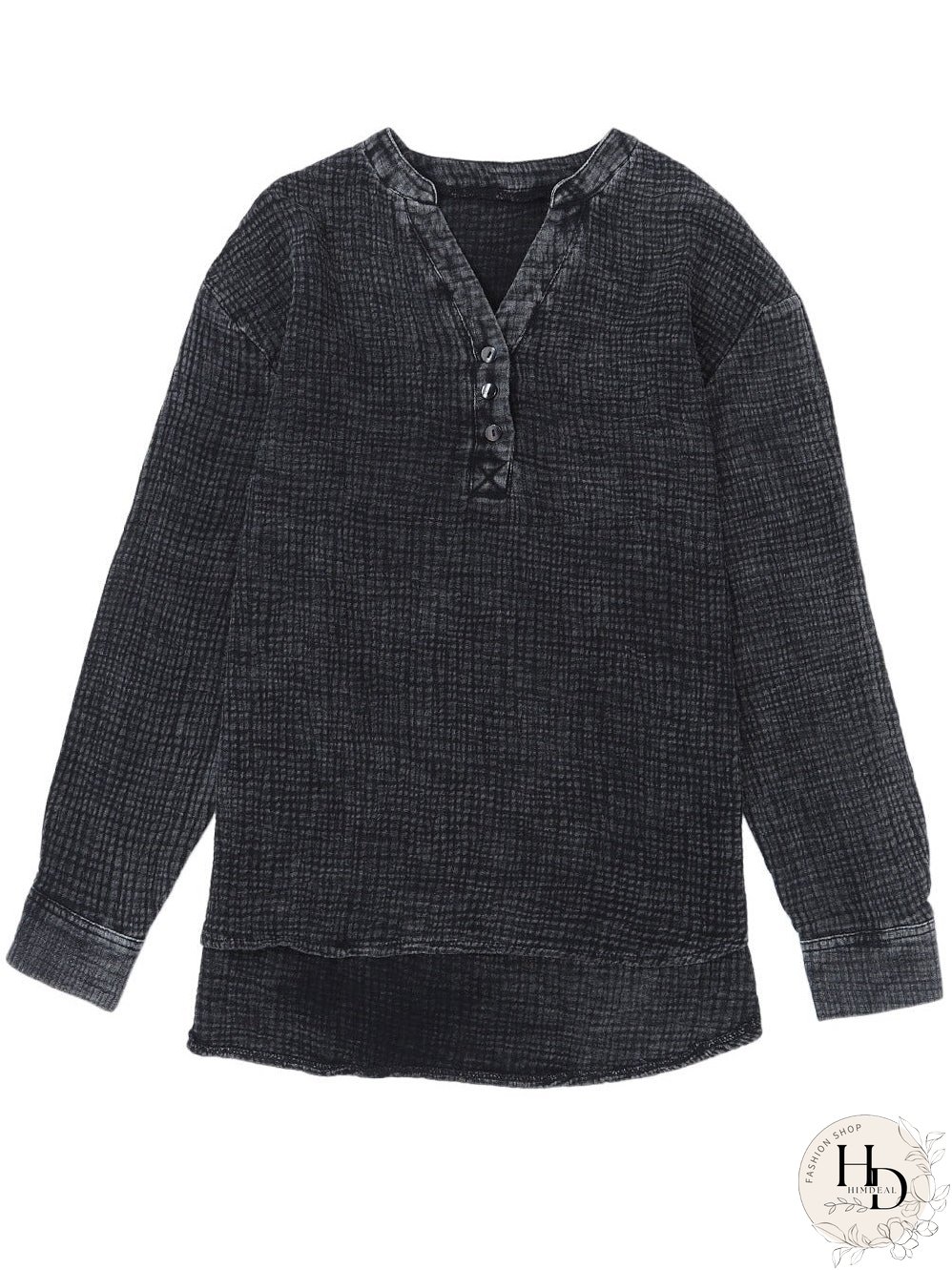 Crinkled Black Loose-fit V-Neck Henley Top