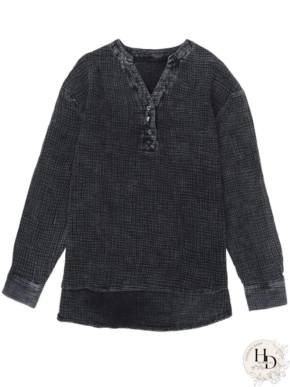 Crinkled Black Loose-fit V-Neck Henley Top