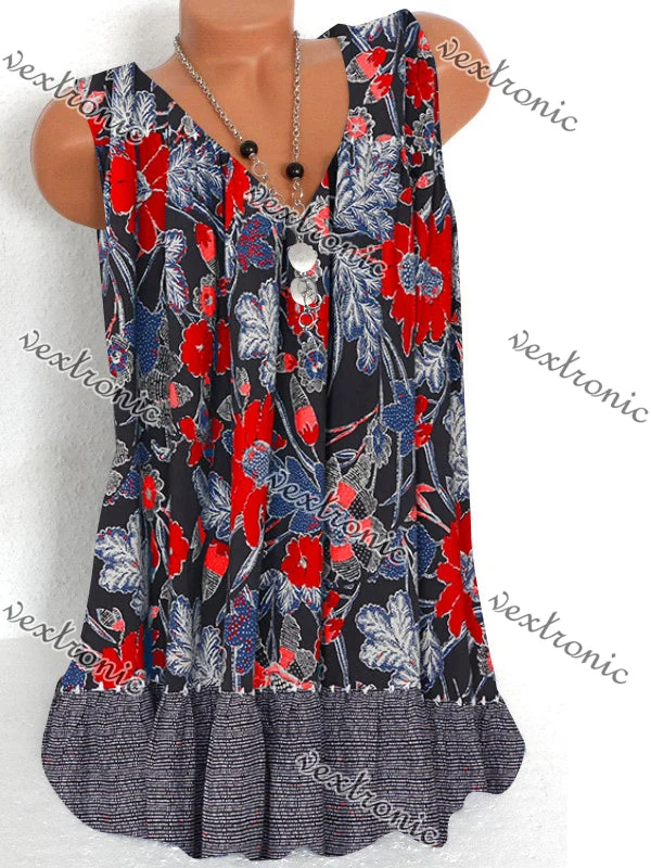 Women's Sleeveless Floral Printed Printed V-neck Tops T-shirt