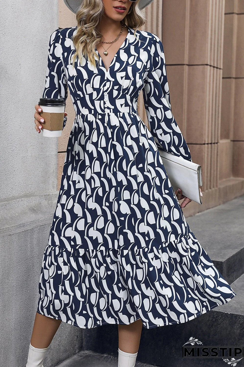 V-Neck Buttoned Long Sleeve Dress