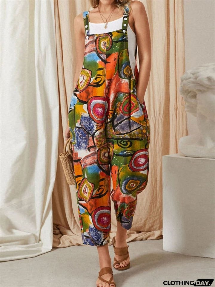 Ladies Personality Retro Colored Graffiti Jumpsuits