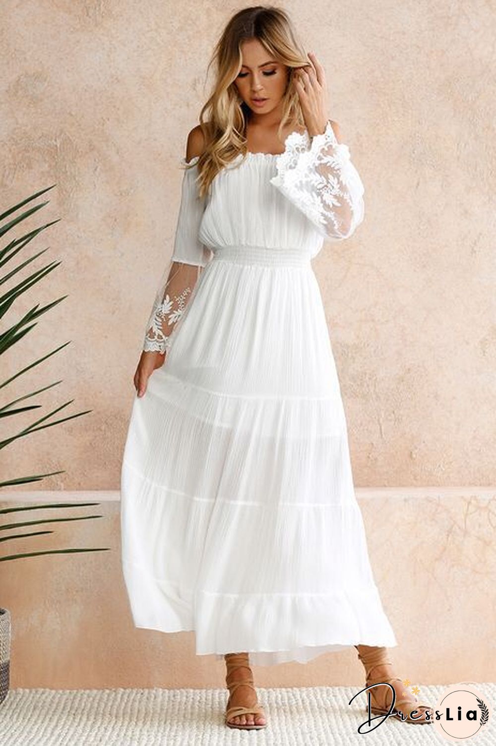 Women's Dress with Straight Neck Lace Stitching Dress White Dresses