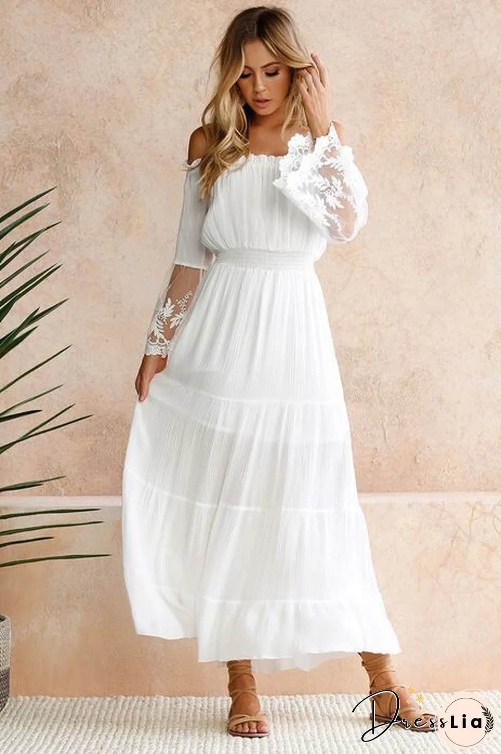 Women's Dress with Straight Neck Lace Stitching Dress White Dresses