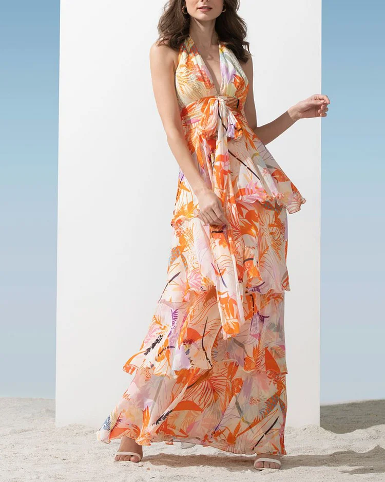 Chiffon Orange Printed Halter Tiered Dress