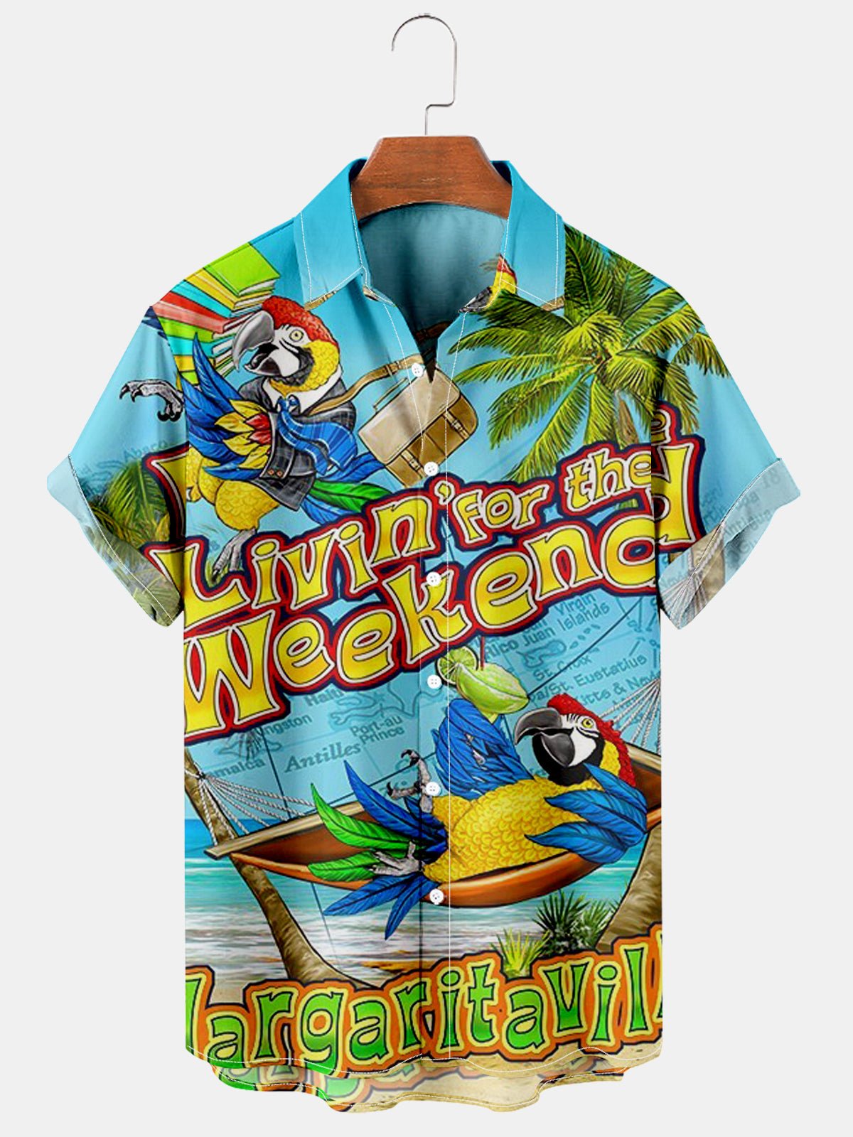 Men's Hawaiian Parrot Head Party Creative Design Short Sleeve Shirt PLUSCLOTHESMAN