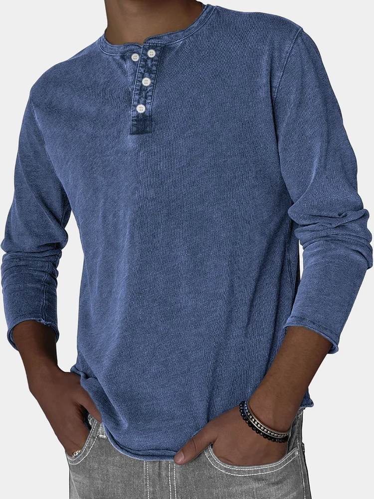 Men's Vintage Distressed Dyed Casual Button Crew Neck Henley Long Sleeve T-Shirt Top
