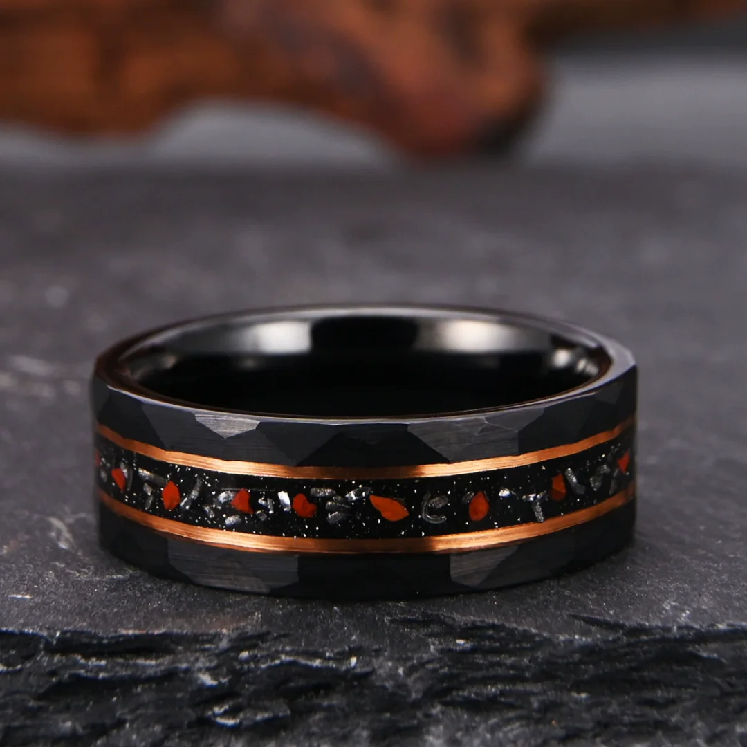 6MM 8MM Dinosaur Fossil Inlay Tungsten Carbide Rings Electroplated Black Tungsten Wedding Bands