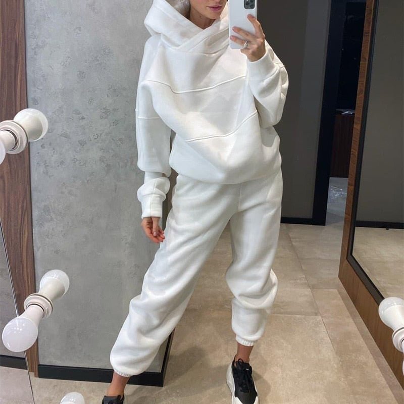 Casual Women Solid Fleece Two Piece Set Oversized Hoodie And High Waist Trouser Tracksuits 2021 Autumn Winter Female Sports Suit