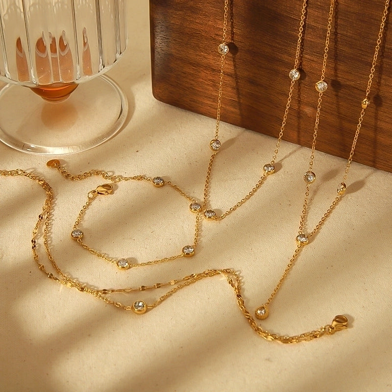 304 Stainless Steel 18K Gold Plated Minimalist Classic Style Plating Inlay Round Zircon Bracelets Necklace