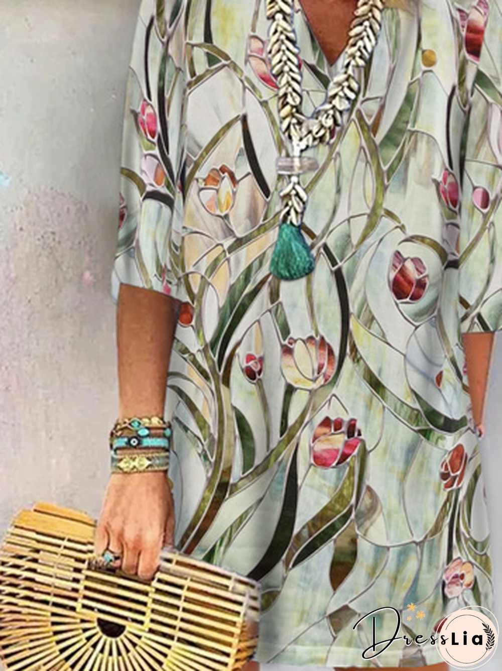 Floral Printed V Neck Loose Half-sleeve Dresses