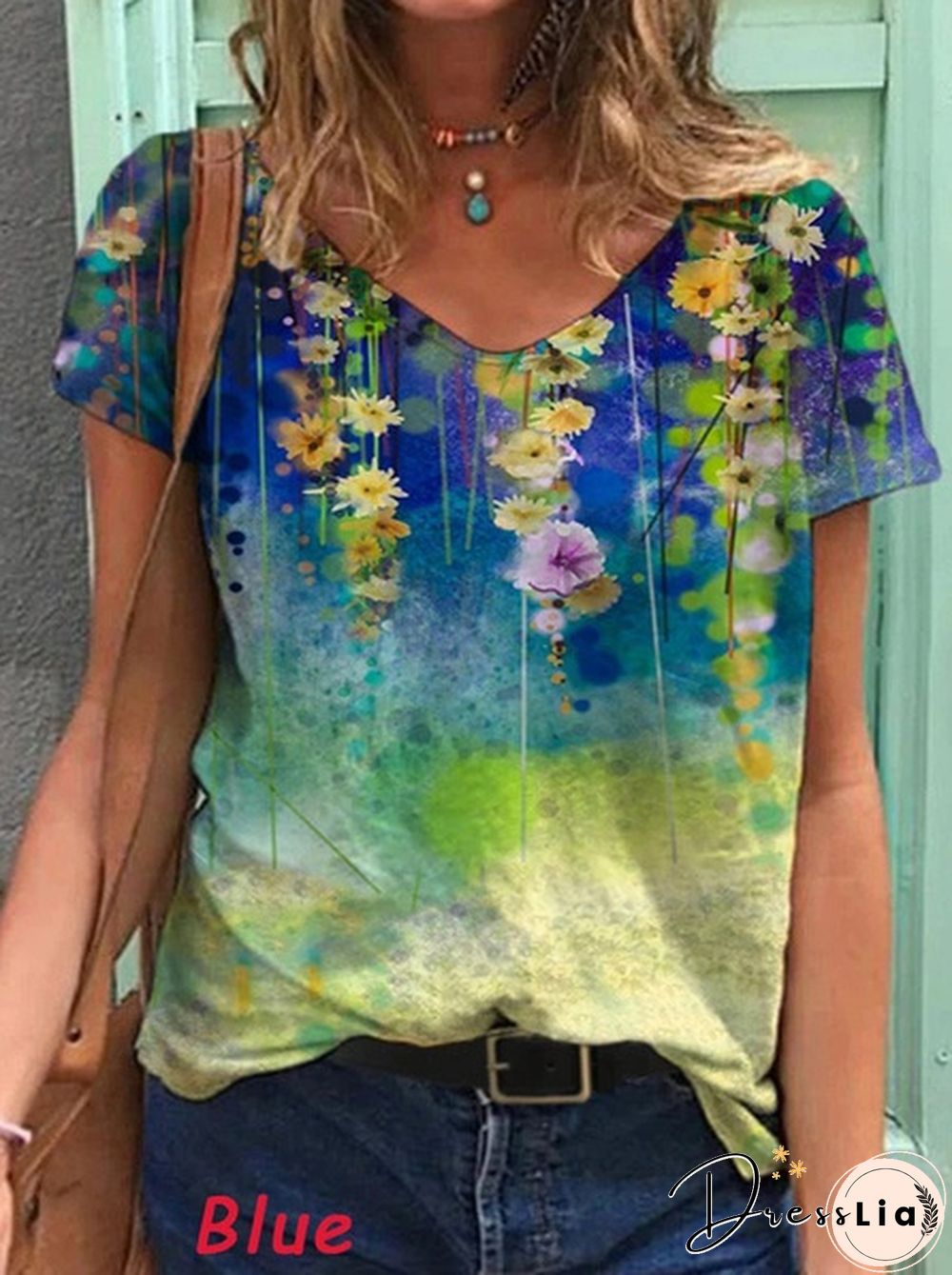 Women's V-neck Casual Color Flower Painting Short Sleeve T-shirt Loose Top Plus Size Summer Blouse XS-5XL