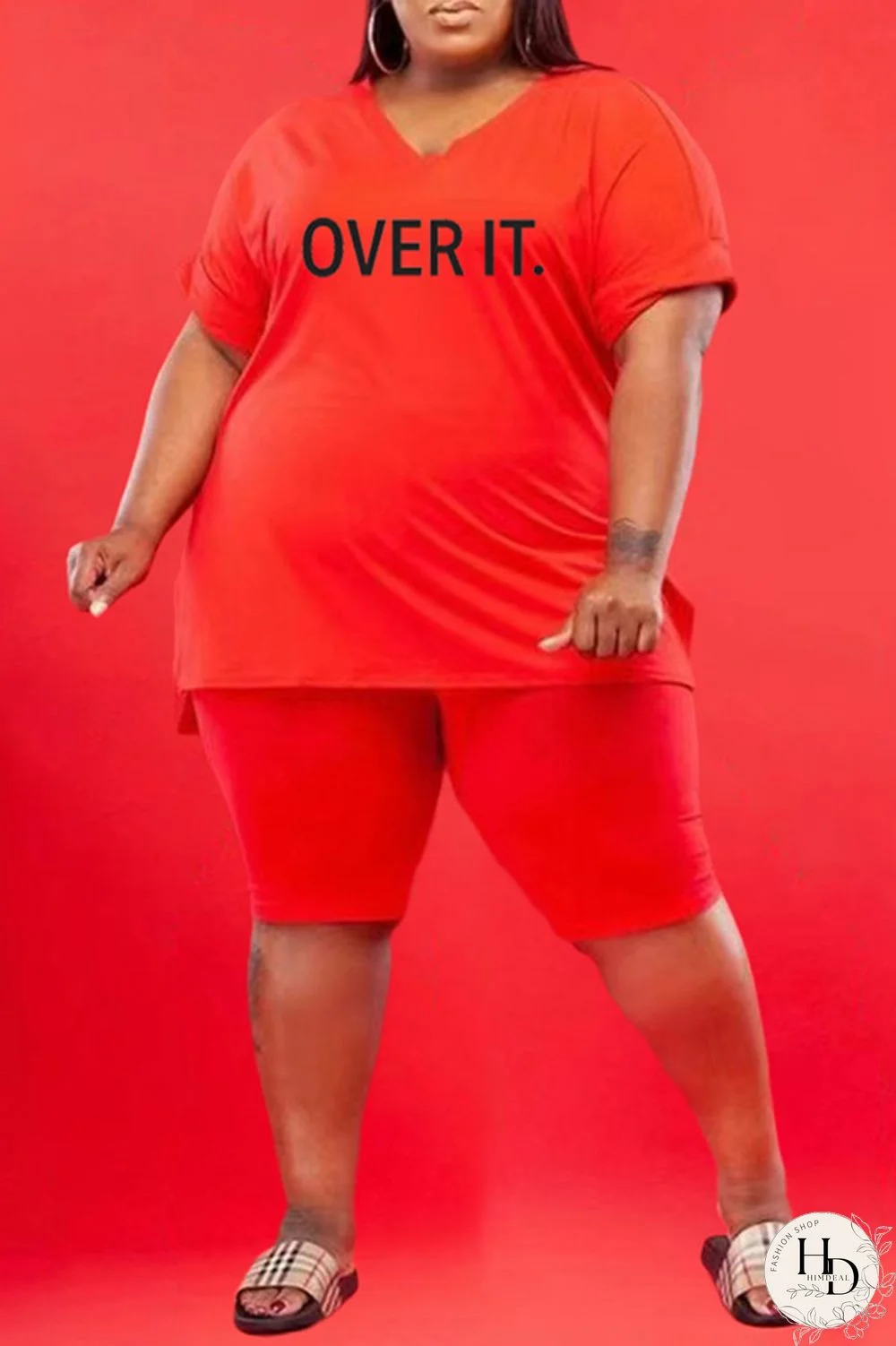 Black Fashion Casual Letter Print Slit V Neck Plus Size Two Pieces