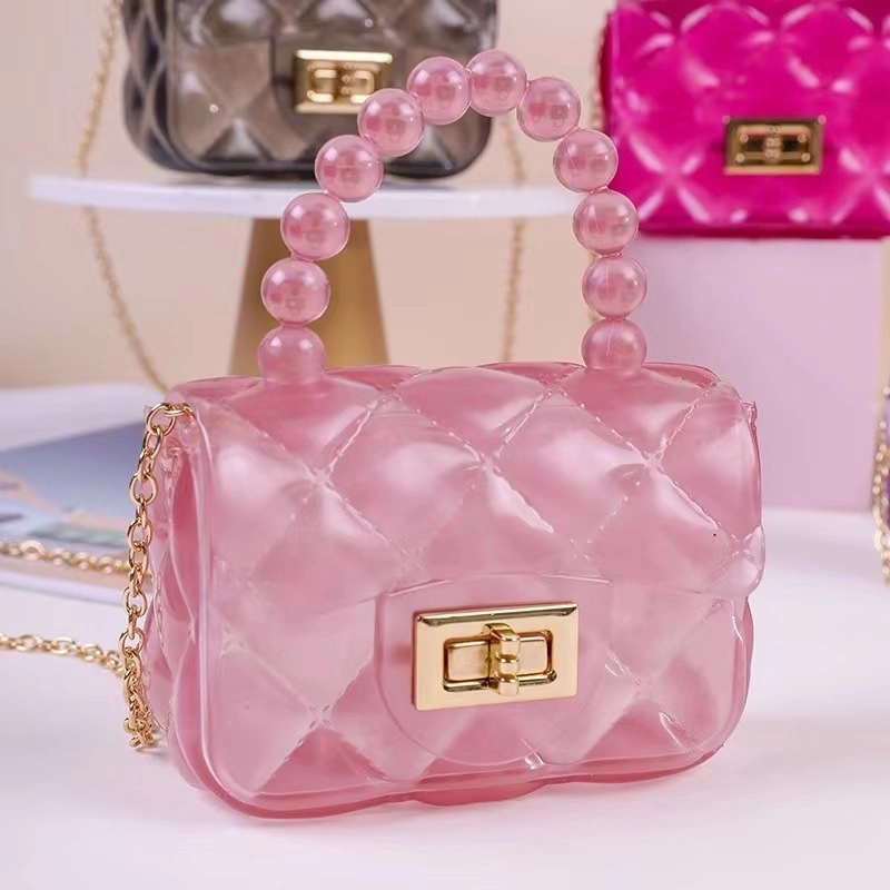 Girl’s Small Pu Leather Solid Color Lingge Cute Pearls Square Lock Clasp Crossbody Bag