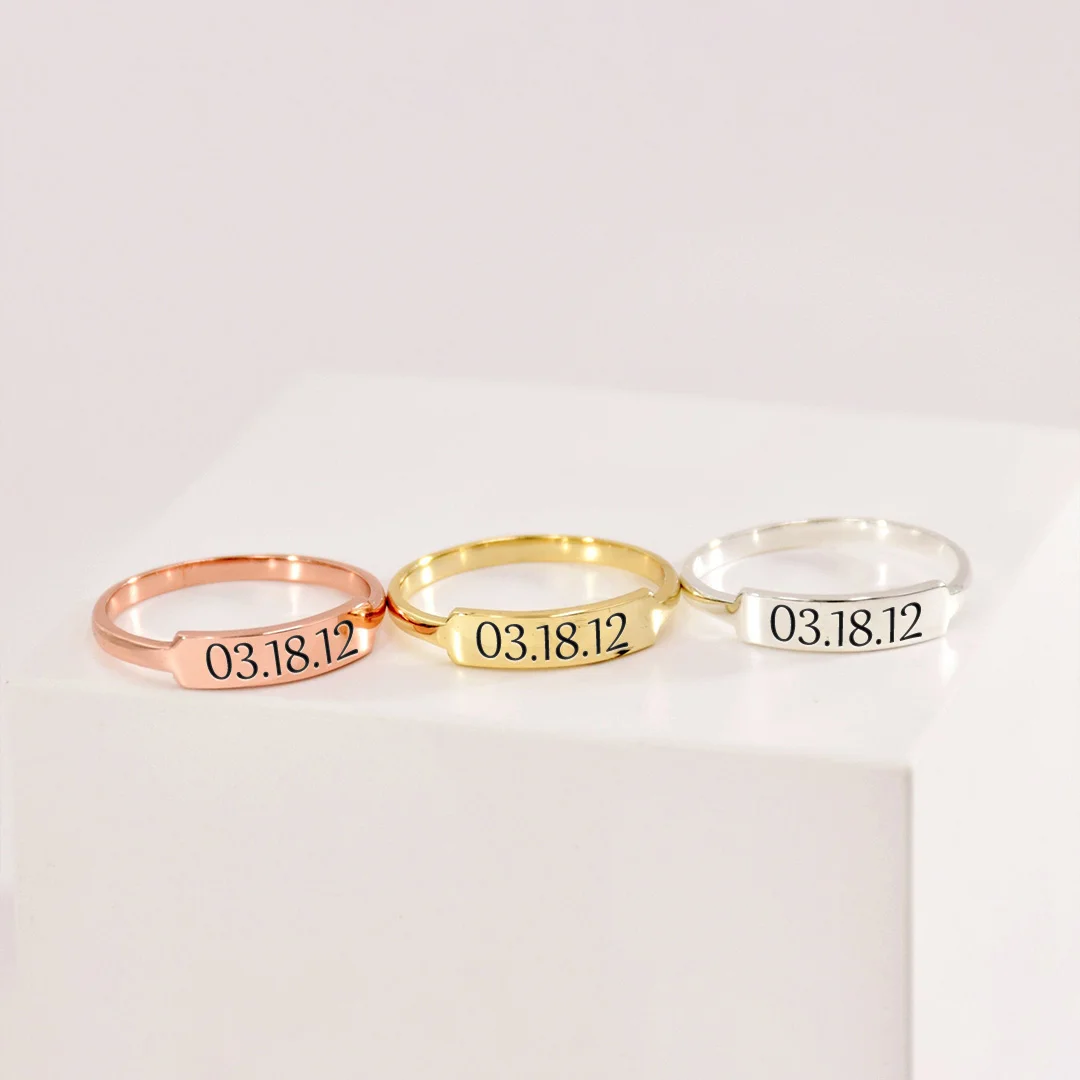 Bar Ring With Engraved Date Personalized Stacking Ring