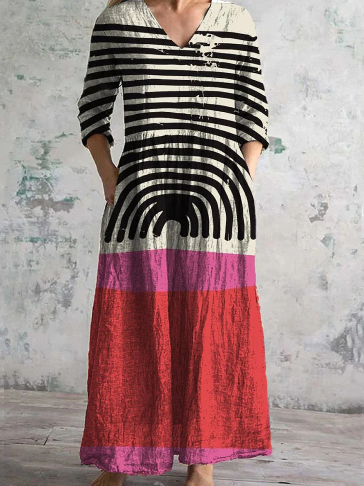 Vintage Stripe Art Print Chic V-Neck Three-Quarter Sleeves Elegant Midi Dress