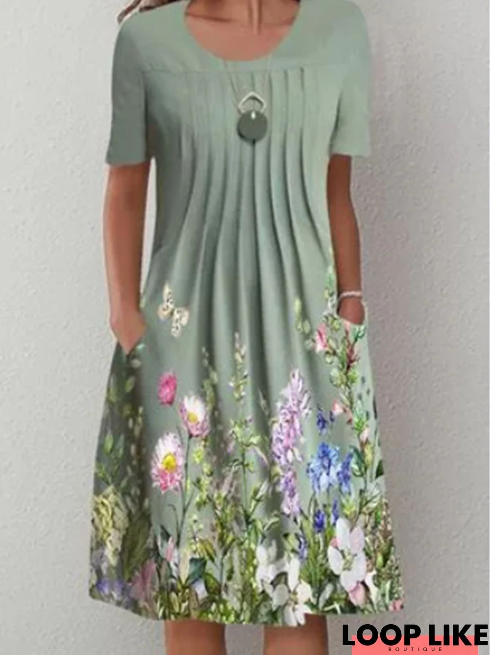 Casual Flower Round Neck Pleated Dress