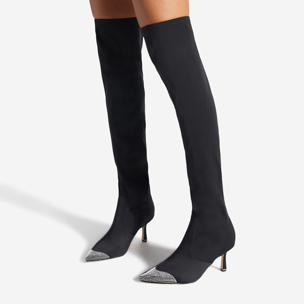 Black Rhinestone Pointed Toe Flared Heel Over-the-Knee Boots Nicepairs