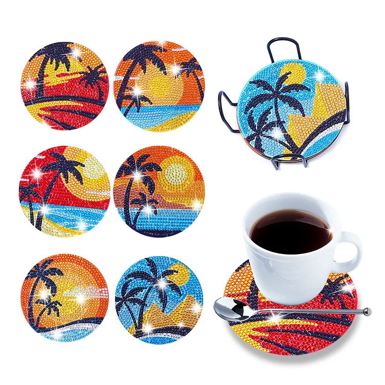 Sunset Beach - Wooden Coasters Ornaments - DIY Diamond Crafts(6pcs)