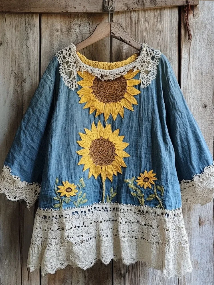 Utbros Women's Vintage Lace Sunflower Embroidered Linen Blend Shirt