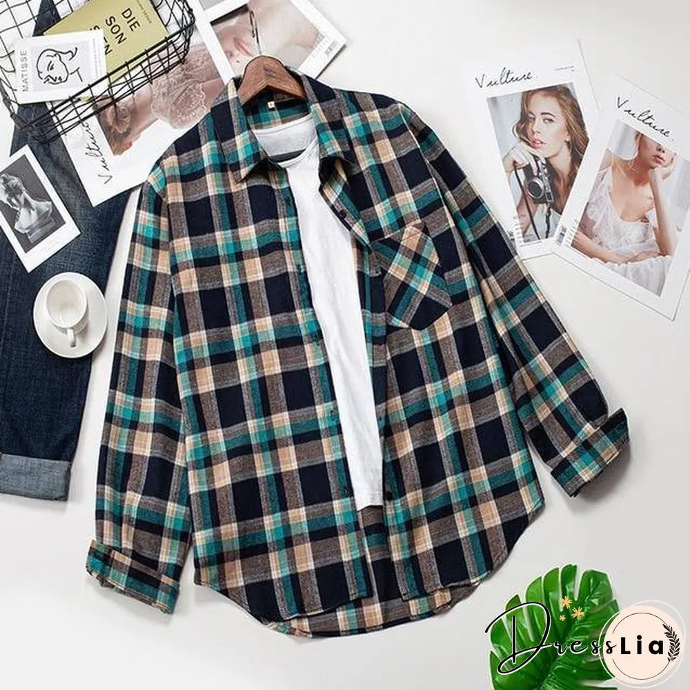Plaid Shirts Womens Blouses Long Sleeve Lady Checked Tops Loose Female Outwear Casual