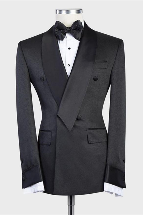 Bellasprom Black Double Breasted Shawl Lapel Wedding Men Suit