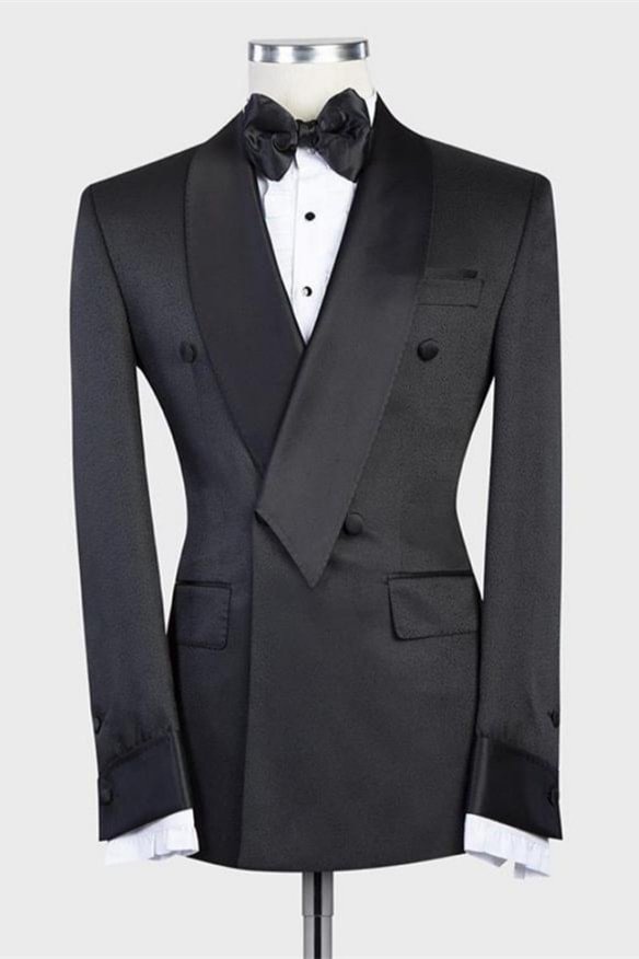 Shawl Lapel Classy Black Double Breasted Wedding Men Suit | Ballbellas Ballbellas