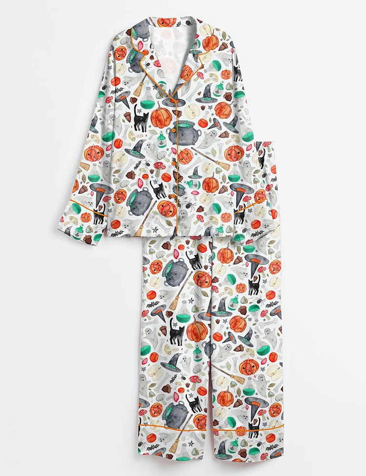 Women&rsquo;s Halloween Autumn Ghost Pumpkin Cat Broom Long Sleeve Satin Pajama Set