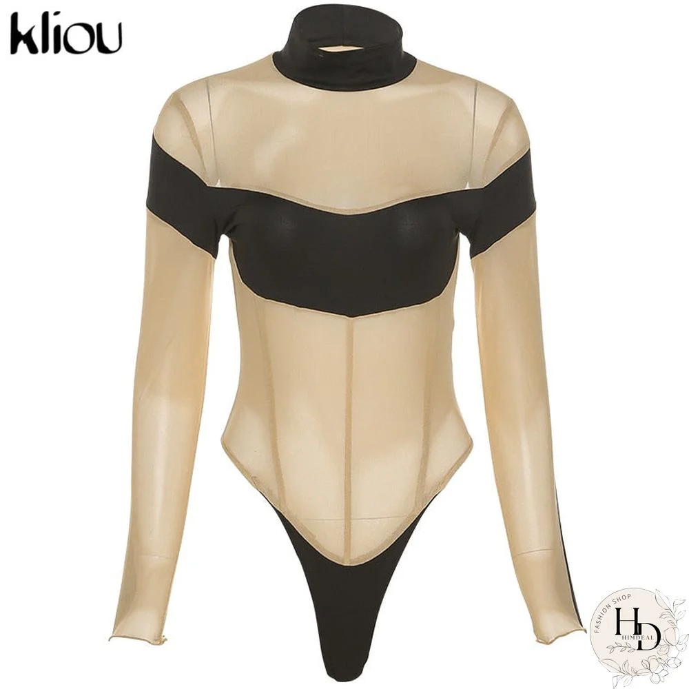 Kliou Mesh Patchwork Bodysuit Women Sexy See Through Halter Backless Panelled One Piece Female Elastic Summer Swimsuit Apparel
