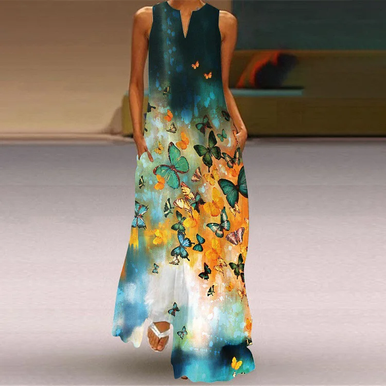 Casual Butterfly Print Sleeveless Maxi Dress