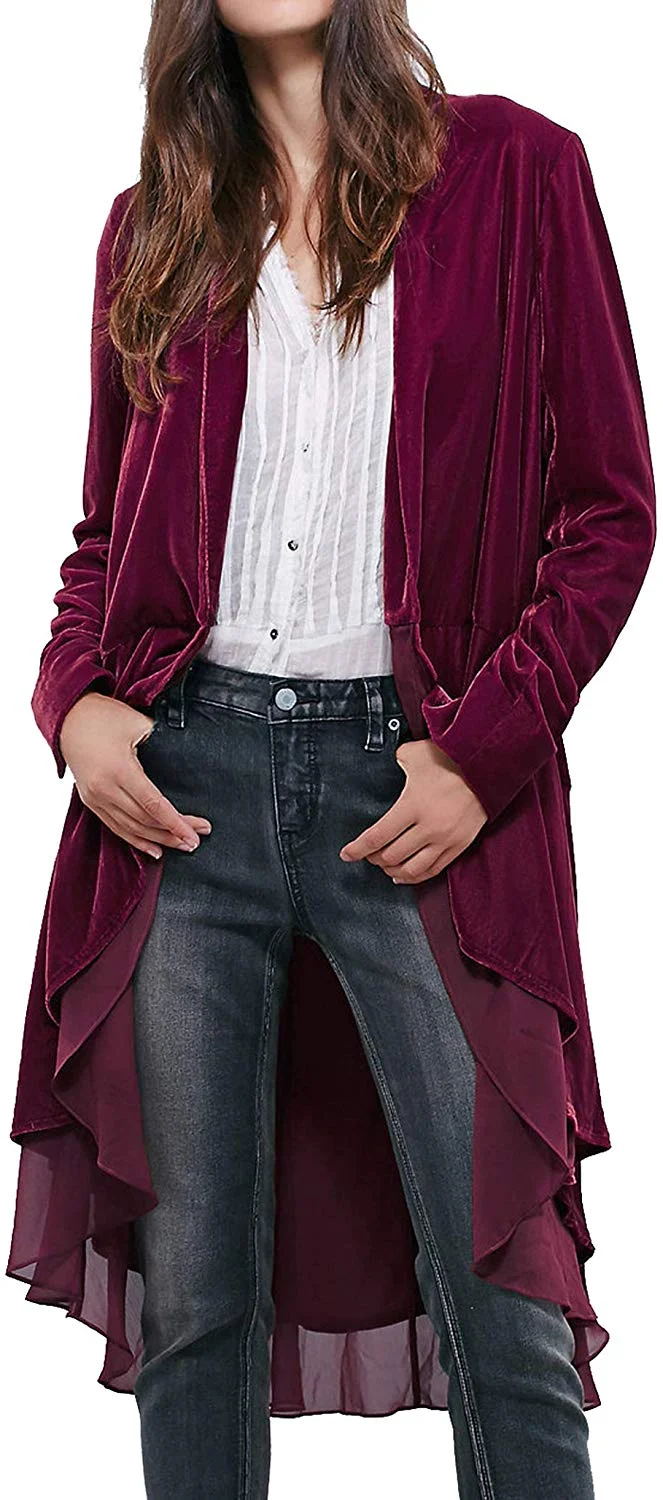 Womens Ruffled Asymmetric Long Velvet Blazers Coat Casual Jackets