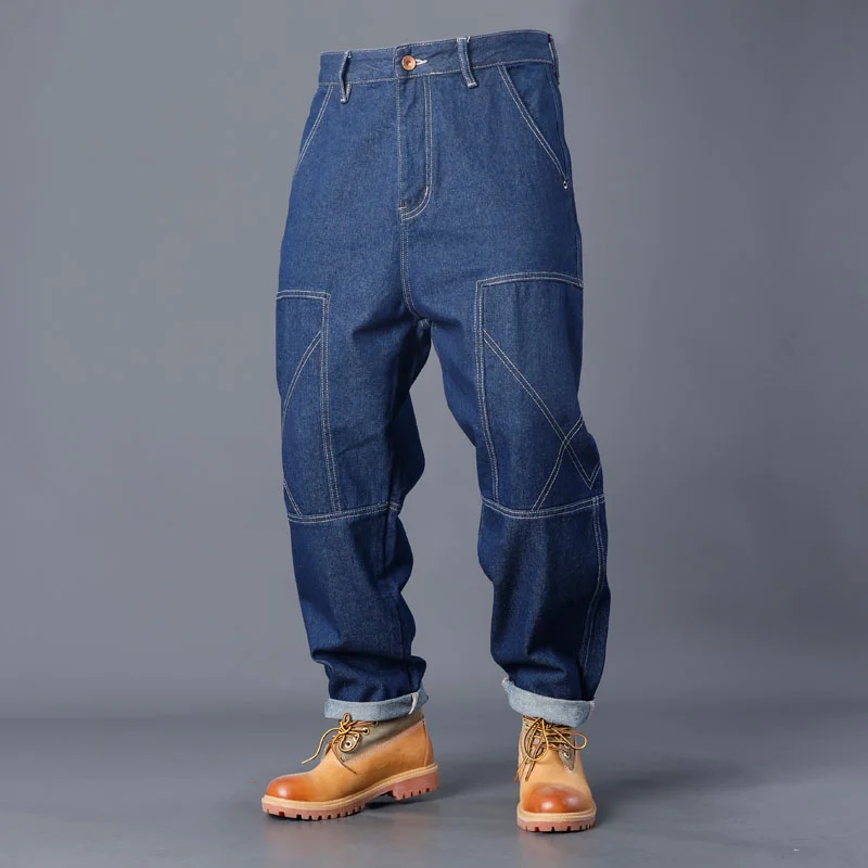 Loose Straight Large Pocket Washed Dark Cargo Jeans