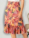 Leaf Print Ruffle Hem Skirt, Casual Elastic High Waist Button Front Skirt, Women's Clothing