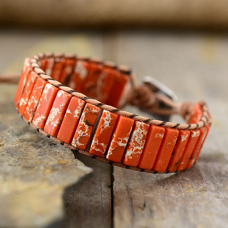 Orange Imperial Stone Leather Handwoven Bracelet