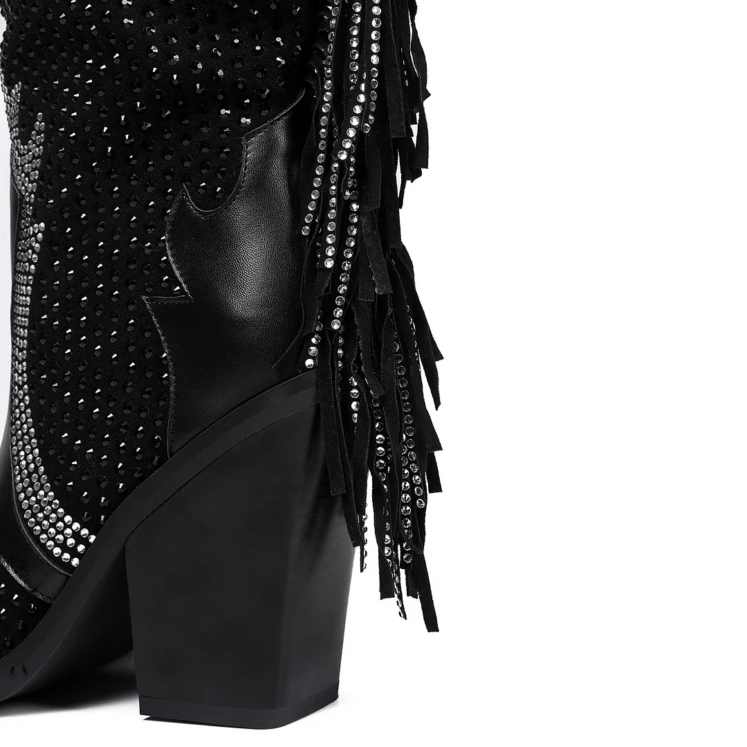 100mm Women's Rhinestone Retro Chunky Heel Western Cowgirl Boots Ankle Boots-MERUMOTE